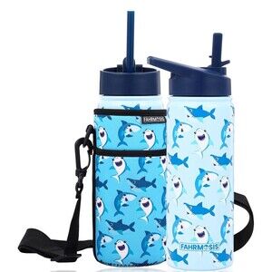 18 OZ Kids Water Bottle with Carrier Bag Strap Leak Proof Metal Insulated Shark